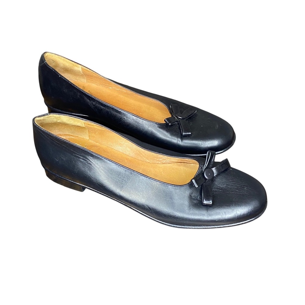 Espace Black Leather Bow Ballet Flats Round Toe Made in Portugal Size 7